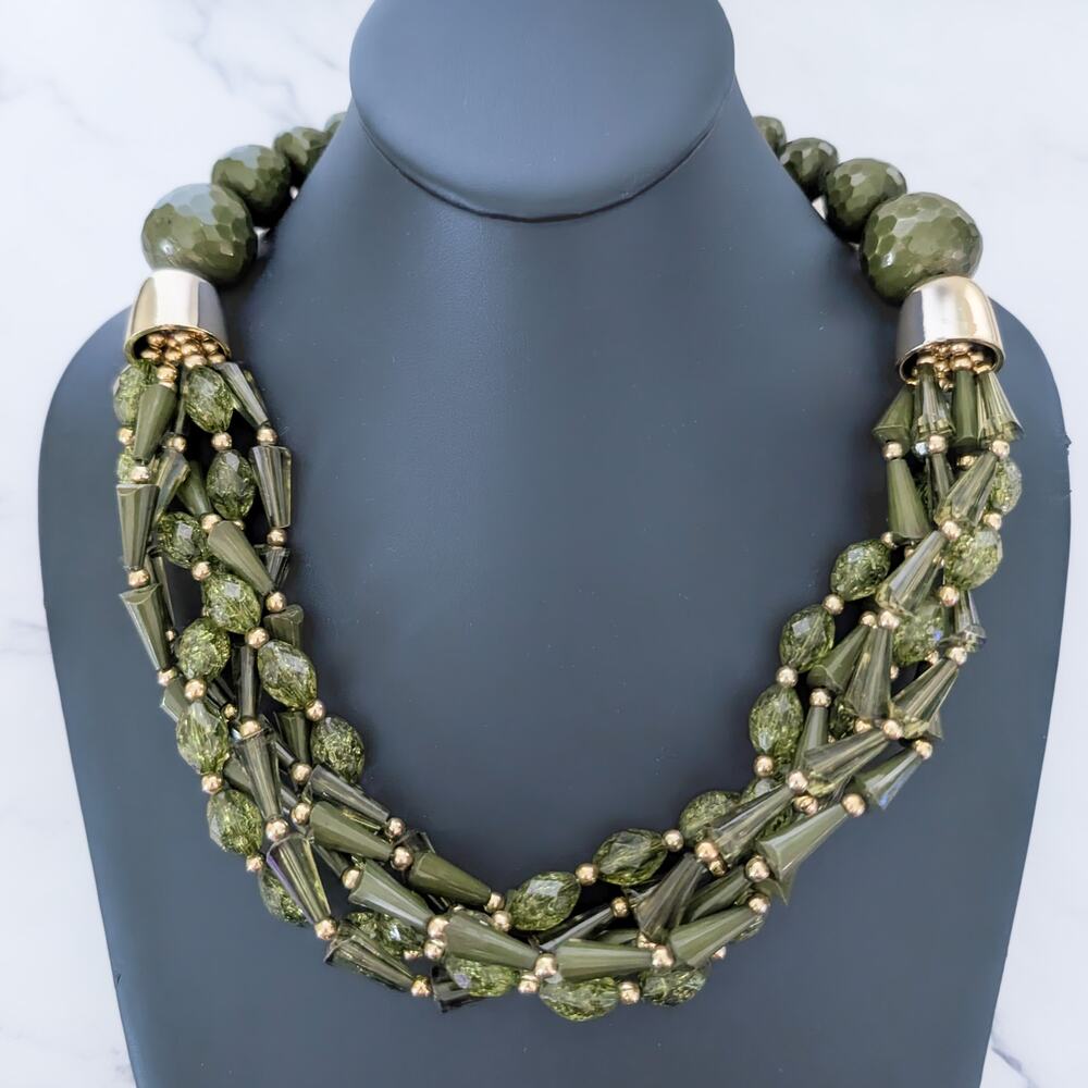 Vintage Necklace Statement Green & Gold Tone Multi Strand Necklace